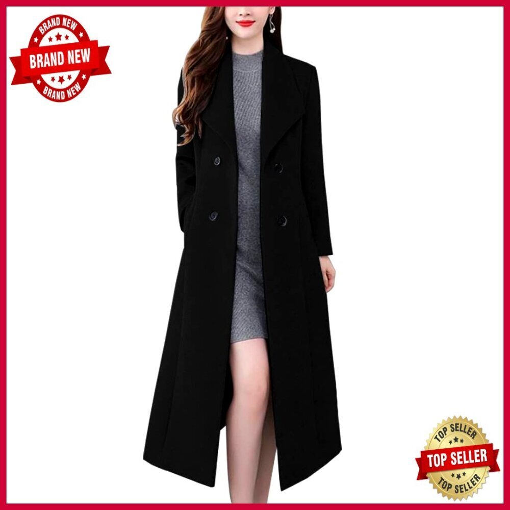 Long Wool Pea Coat Shawl Collar Double Breasted Trench Slim Fit